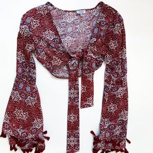 Tobi Red Bell Sleeve Tie Front Crop Top Small